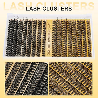 QUEWEL Lash Clusters Kit, 320 Pcs 30D+40D Lash Cluster Eyelash Extensions | 9-16mm Lash Clusters Wispy Kit with Eyelash Clusters Bond and Seal Glue Remover Tweezers (30D+40D Kit)