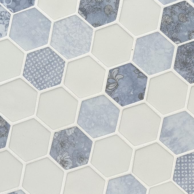 MSI Vista Azul 12.76 inch x 11.02 inch Glass Hexagon Tile for Kitchen Backsplash, Wall Tile for Bathroom, Shower Wall Tile, Hexagon Mesh Mounted Mosaic Tile, Blue