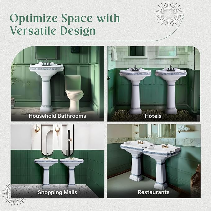 Renovators Supply Manufacturing India Reserve 23" W x 34.25" H x 18.5" Proj. Ornate Blue Gold Bathroom Pedestal Sink, Vitreous China, Compatible with 4 in. Centerset Faucets