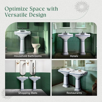 Renovators Supply Manufacturing India Reserve 23" W x 34.25" H x 18.5" Proj. Ornate Blue Gold Bathroom Pedestal Sink, Vitreous China, Compatible with 4 in. Centerset Faucets