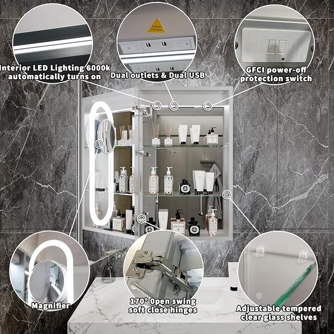 32x20 Lighted Medicine Cabinet with Mirror & Magnifier, LED Medicine Cabinet Mirror for Bathroom, Color Temp, Defogger, Front&Backlit, Built-in Outlets, Dimmable, Soft Close DTC Hinges, Left Opening