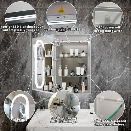 32x20 Lighted Medicine Cabinet with Mirror & Magnifier, LED Medicine Cabinet Mirror for Bathroom, Color Temp, Defogger, Front&Backlit, Built-in Outlets, Dimmable, Soft Close DTC Hinges, Left Opening