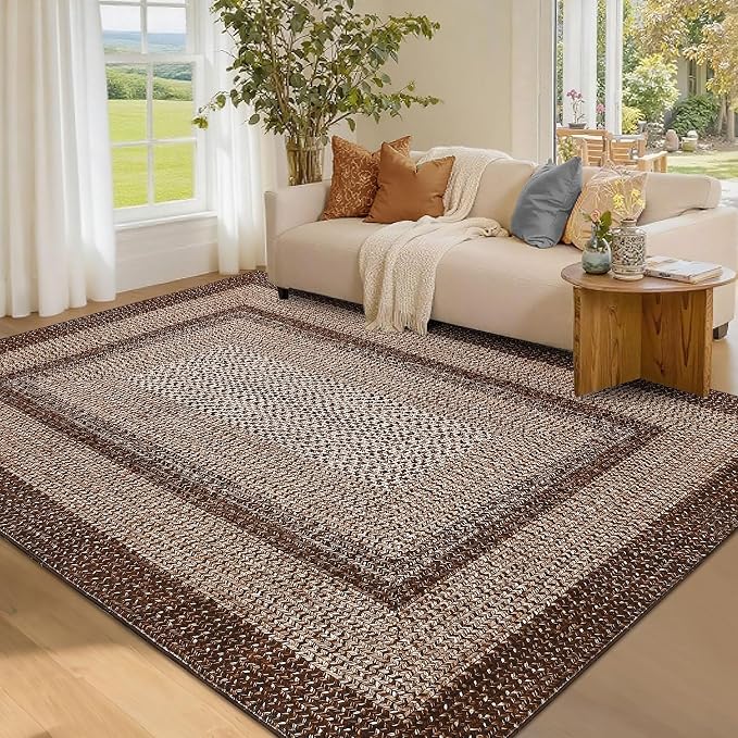 Printed Washable Area Rugs 4x6 Rug for Living Room Indoor Mats for Entryway Soft Bedroom Rug Non Slip Modern Braided Farmhouse Throw Rugs Low Pile Stain Resistant Carpet 4'x6' Dark Brown