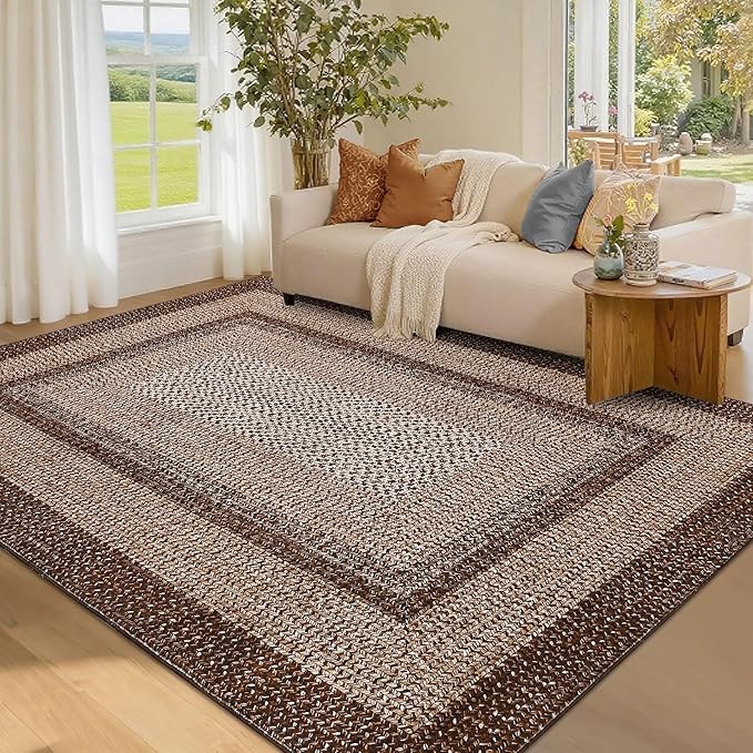 Washable Area Rug 6x9 Rug for Living Room Modern Rugs for Bedroom Decor Brown Rug Imitation Braided Non Slip Throw Rugs Stain Resistant Carpet for Nursery Dining Room 6'x9' Dark Brown