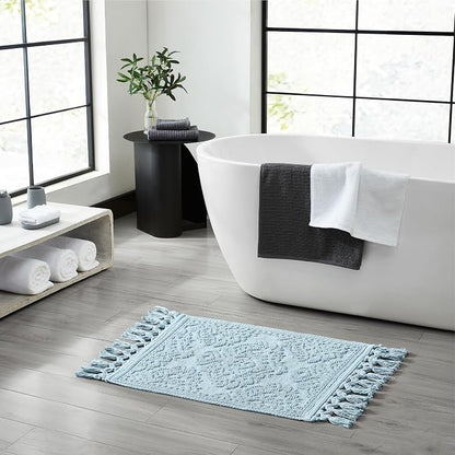 Jean Pierre - Ricardo Bath Mat, Woven Fringe Bathroom Rugs, 100% Cotton, Premium Bathroom Decor - Measures 27" x 52" - Light Blue