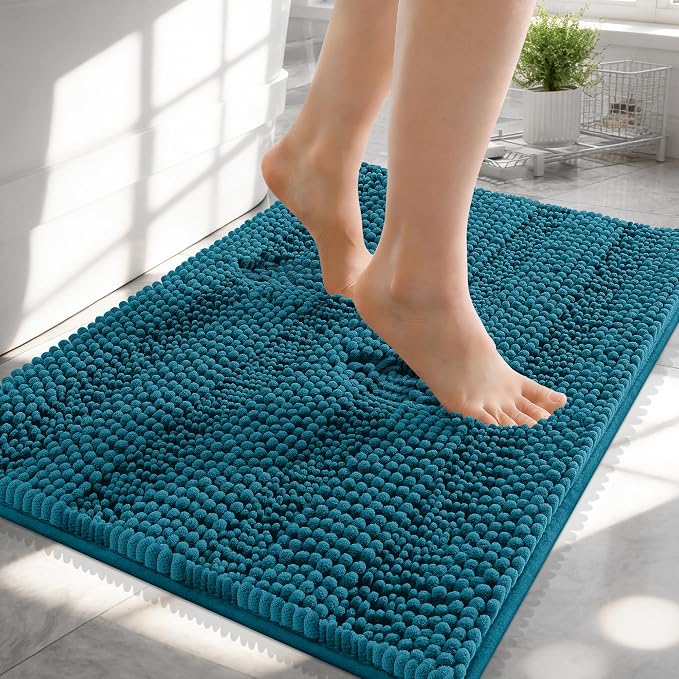 OLANLY Thick Small Bathroom Rugs 24x16, Chenille Bath Rugs, Peacock Blue | Rubber Backing, Machine Wash, Extra Absorbent Striped Bath Mats for Bathroom Floor, Tub and Shower, Home Decor Accessories
