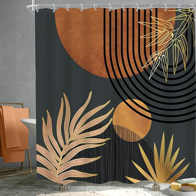 Mid Century Brown Black Boho Abstract Modern Bathroom Shower Curtain Set | 72Wx72L Plant Botanical design, waterproof HD print with fast-drying fabric and 12 hooks.