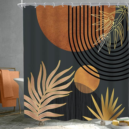 Mid Century Brown Black Boho Abstract Modern Bathroom Shower Curtain Set | 72Wx72L Plant Botanical design, waterproof HD print with fast-drying fabric and 12 hooks.