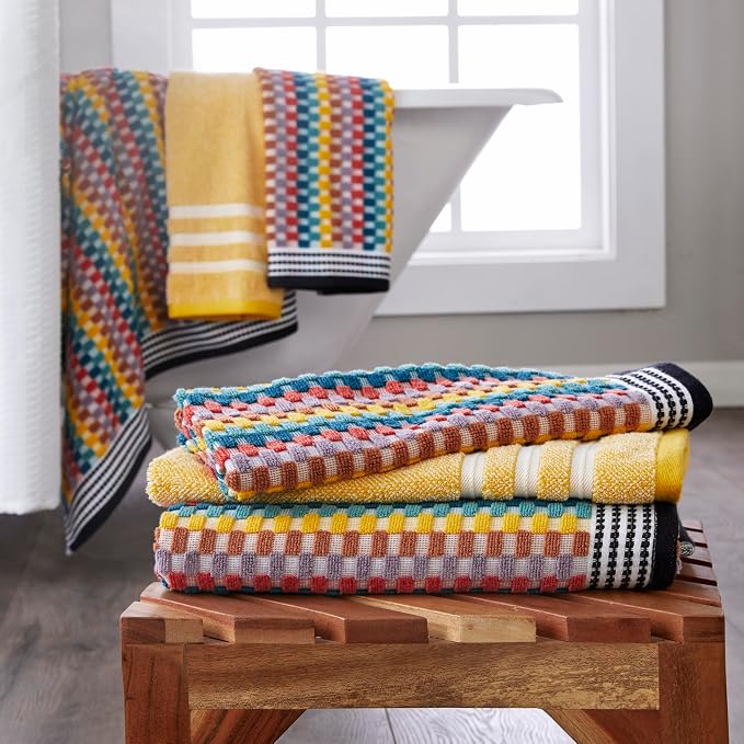 SKL Home Mid-Century Hand Towel Set-2pc, Premium 100% Cotton, Multi | Soft & absorbent, textured jacquard. Spa-level quality. 450 GSM weight. For the bathroom, kitchen, bar or any sink space.