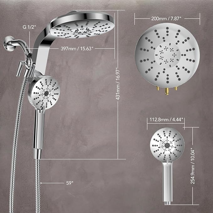 High Pressure Rain Showerhead Combo, Magnetic Shower Head Set with Detachable 8-Mode Handheld Shower Spray, Adjustable Angle Dual Showerhead with Built-in Magnetic Docking, Power Jets Brushed Nickel