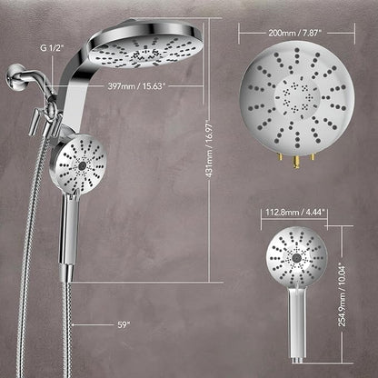 High Pressure Rain Showerhead Combo, Magnetic Shower Head Set with Detachable 8-Mode Handheld Shower Spray, Adjustable Angle Dual Showerhead with Built-in Magnetic Docking, Power Jets Brushed Nickel