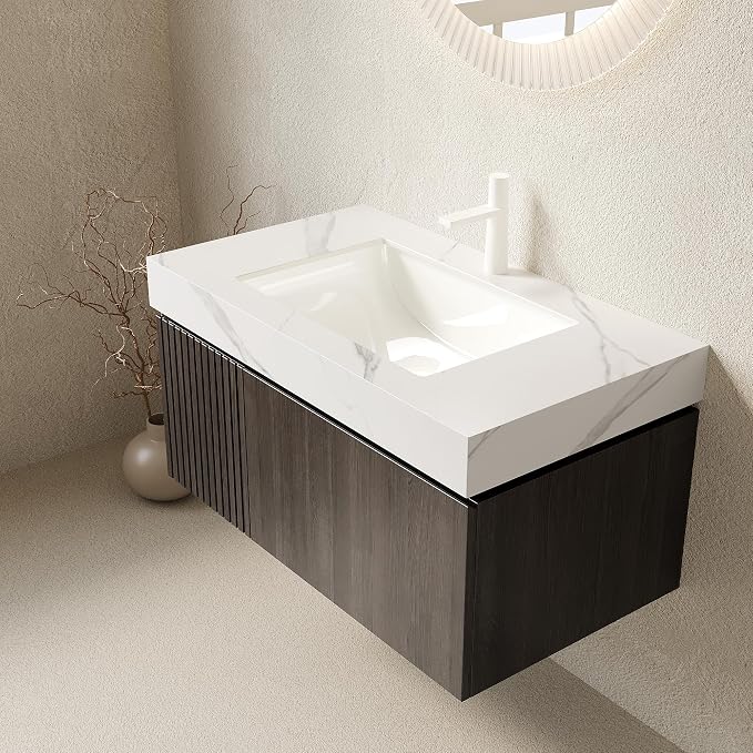 KEIKI 36 Inch Floating Bathroom Vanity with Sink, Espresso & White | Modern Wall Mounted Storage Cabinet w/ Drawer & Door, Pre-assembled Wood Panels, Sintered Stone Top & Ceramic Basin Combo Set