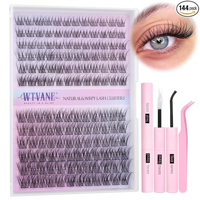 Wispy Lash Clusters Kit Natural Eyelash Clusters Extensions Kit 144pcs Individual Lashes DIY Lash Extension Kit with 10-16mm Lashes Clusters, Lash Bond and Seal,Lash Tweezers by Wtvane