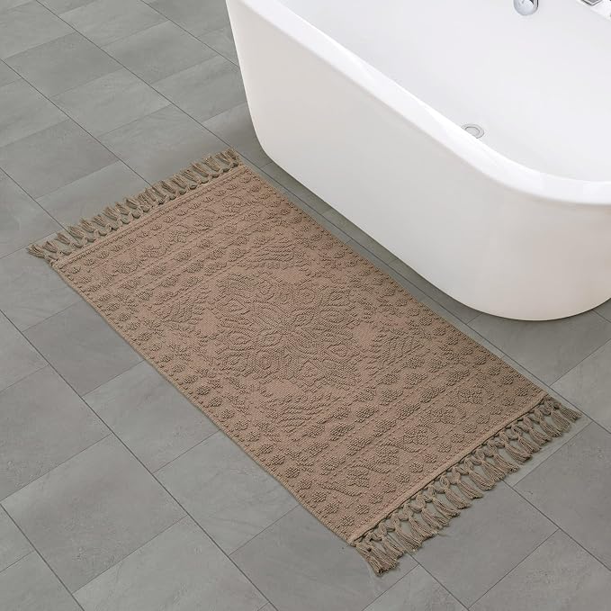 French Connection Nellore Bathroom Rugs, Woven and Beaded Bathroom Mats, Durable Bath Rugs, Thick Bath Mats for Bathroom and Shower Rugs, 26" x 49", Light Brown