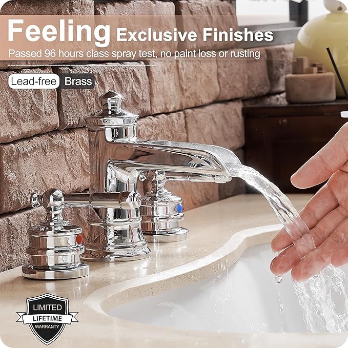 Chrome Widespread Waterfall Bathroom Faucet, Brass 3 Hole Bathroom Sink Faucet 4-16 Inch, 2 Handles with Supply Hose & Overflow Pop-Up Drain for Modern