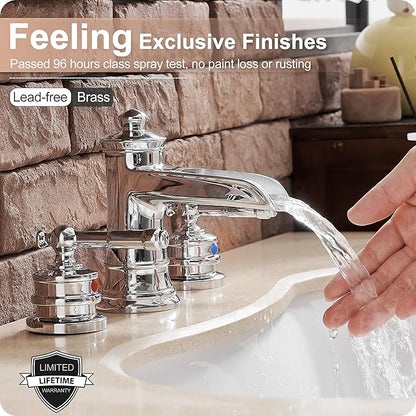 Chrome Widespread Waterfall Bathroom Faucet, Brass 3 Hole Bathroom Sink Faucet 4-16 Inch, 2 Handles with Supply Hose & Overflow Pop-Up Drain for Modern
