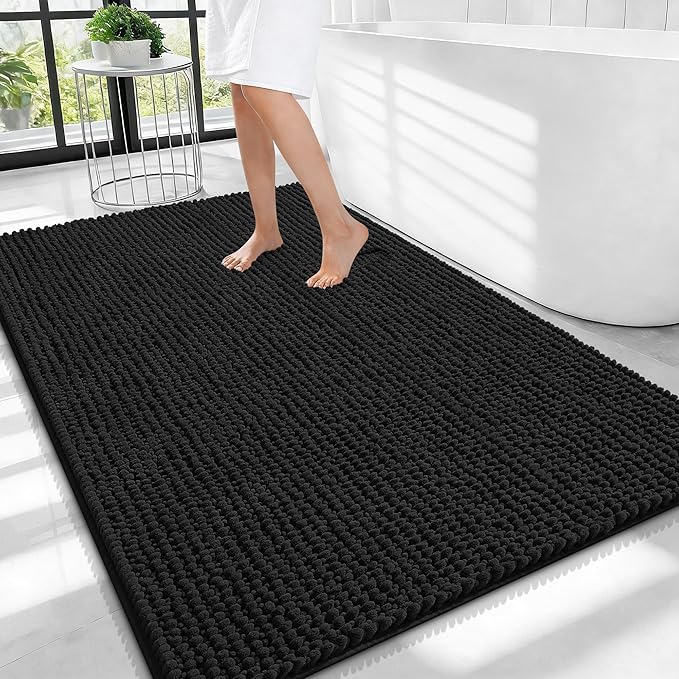 OLANLY Thick Chenille Large Bathroom Rugs 40x32, Absorbent Bath Mat, Black | Soft Bath Rugs, Rubber Backing, Machine Wash Dry, Bath Mats for Bathroom, Tub and Shower, Home Decor Accessories