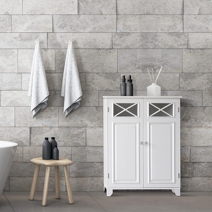 Teamson Home Dawson Wooden Freestanding Floor Cabinet with 1 Fixed 1 Adjustable Shelves 3 Storage Spaces 2 Glass Paneled Doors and 2 Clear Knobs, White