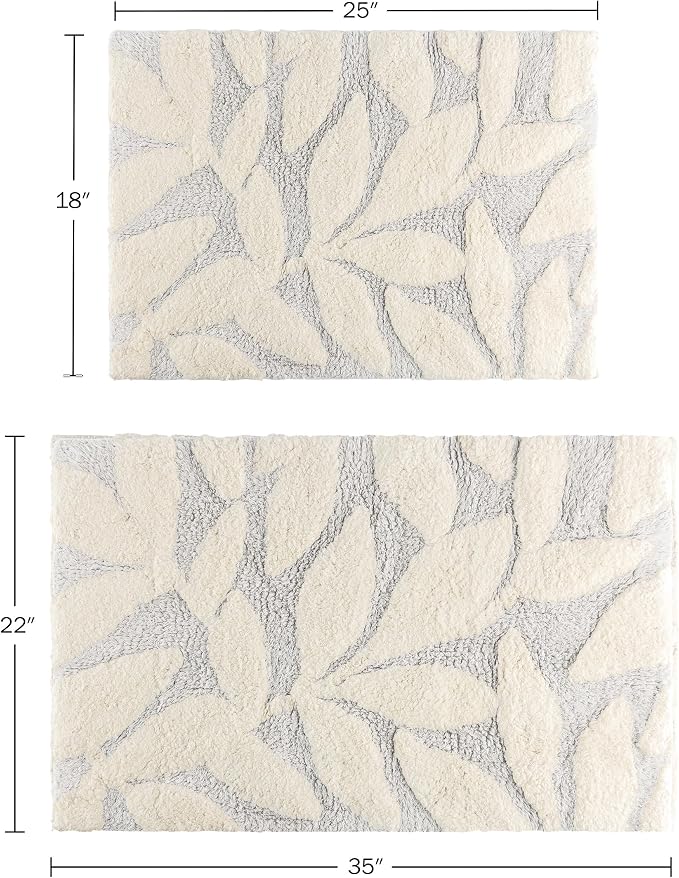 Lavish Home Bathroom Rug Set, Gray, 2-Piece-Set, 35”x22”/25”x18” | 100% Cotton Bath Mats with Textured Botanical Leaf Print for Boho Bathroom Decor - Bath Rugs Non Slip Washable Bathmats