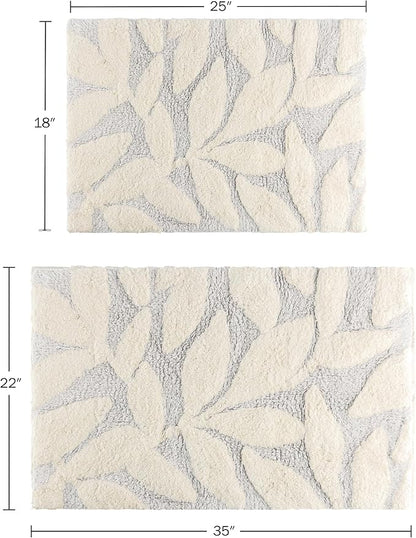 Lavish Home Bathroom Rug Set, Gray, 2-Piece-Set, 35”x22”/25”x18” | 100% Cotton Bath Mats with Textured Botanical Leaf Print for Boho Bathroom Decor - Bath Rugs Non Slip Washable Bathmats