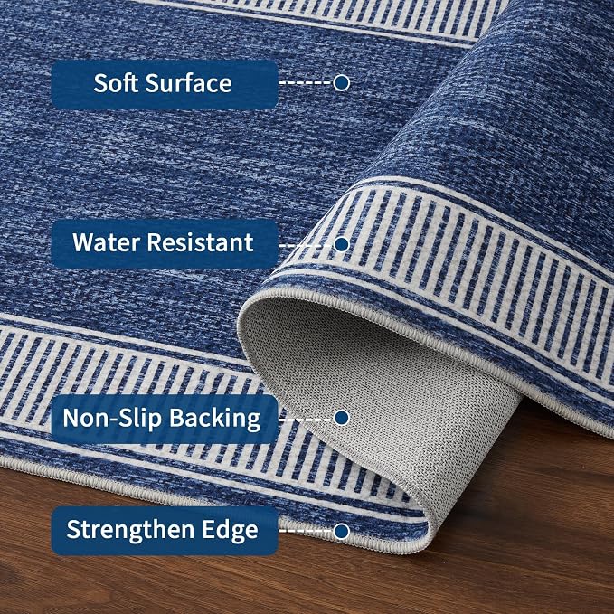 Garvee Modern Bordered Neutral Rugs for Living Room 8x10 Washable Rug Blue | Large Non Slip Low Pile Soft Carpet Foldable Non-Shedding Woven Printed Floor Cover for Bedroom Playroom Nursery Office Dorm