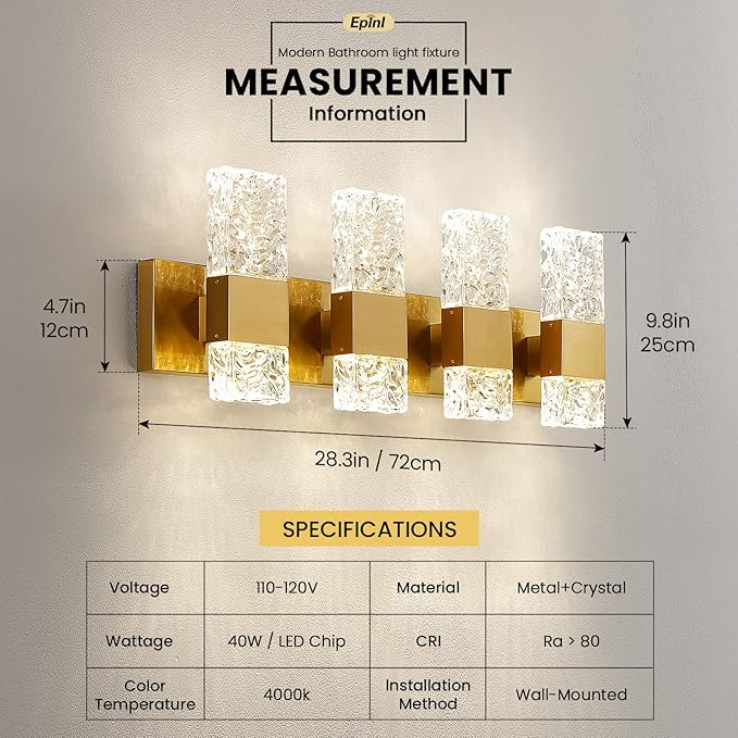 Gold Bathroom Vanity Light Fixtures - Brushed Gold Vanity Light Bathroom Lighting Fixtures Over Mirror 40W Dimmable Crystal Wall sconces 4 Light LED Modern Bathrooms Lights 4000K