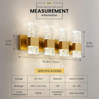 Gold Bathroom Vanity Light Fixtures - Brushed Gold Vanity Light Bathroom Lighting Fixtures Over Mirror 40W Dimmable Crystal Wall sconces 4 Light LED Modern Bathrooms Lights 4000K