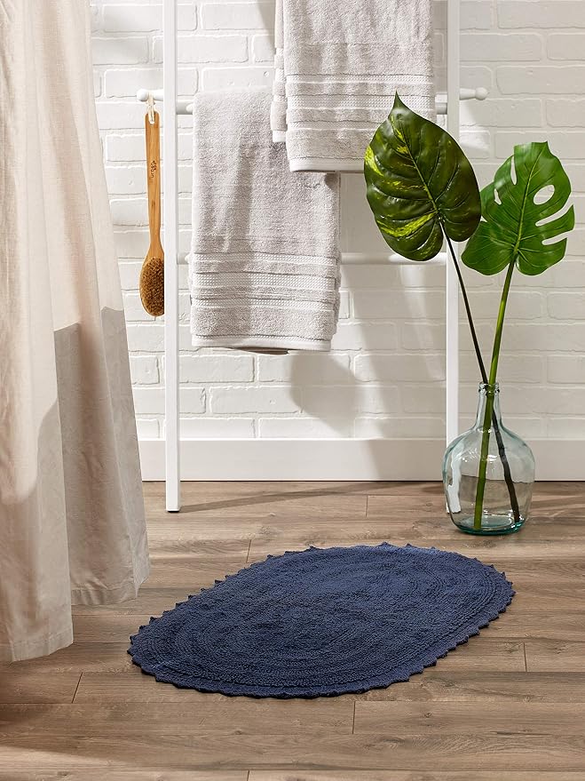 DII Crochet Collection Reversible Bath Mat, Small Oval, 17x24, French Blue