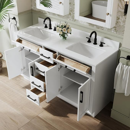 60-Inch Bathroom Vanity with Double Sinks W/ 4 Doors & 4 Drawers & 2 Flip Drawers, White Vanity W/Matte Black Handles