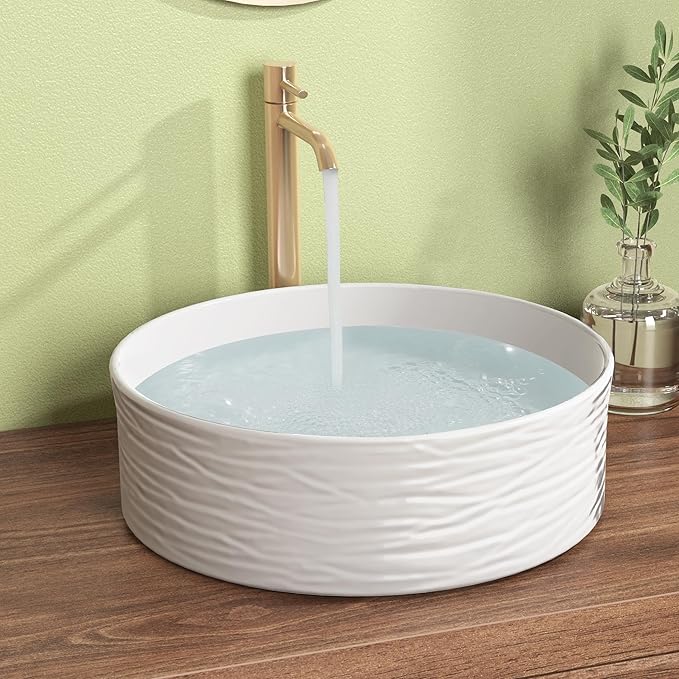 KES Bathroom Vessel Sink, Bowl Sink for Bathrooms 16 Inch Sink Bowl for Bathroom Vanity, Bathroom Sinks Above Counter RV Bathroom Countertop Round Ceramic White, BVSC138