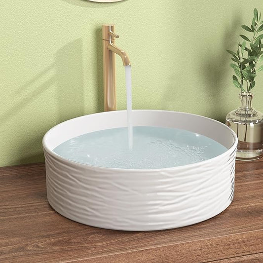 KES Bathroom Vessel Sink, Bowl Sink for Bathrooms 16 Inch Sink Bowl for Bathroom Vanity, Bathroom Sinks Above Counter RV Bathroom Countertop Round Ceramic White, BVSC138