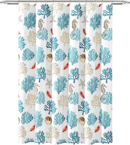Lush Decor Coastal Reef Feather Shower Curtain, 72" W x 72" L, Blue & Coral - Coastal Shower Curtain - Fabric Curtains - Ocean Bathroom Decor - Beach House - Beachy Room