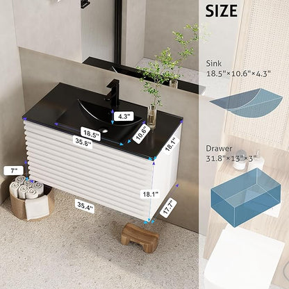 eclife 36" Floating Bathroom Vanity with Sink Combo, Mid-Century Wall Mounted Cabinet with Wood Stripes Decor, Drawers, Undermount Single Black Sink, Faucet, Drain, Mixed White