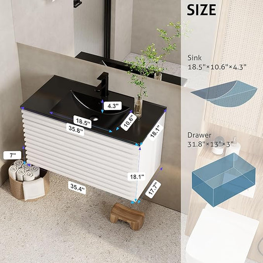 eclife 36" Floating Bathroom Vanity with Sink Combo, Mid-Century Wall Mounted Cabinet with Wood Stripes Decor, Drawers, Undermount Single Black Sink, Faucet, Drain, Mixed White