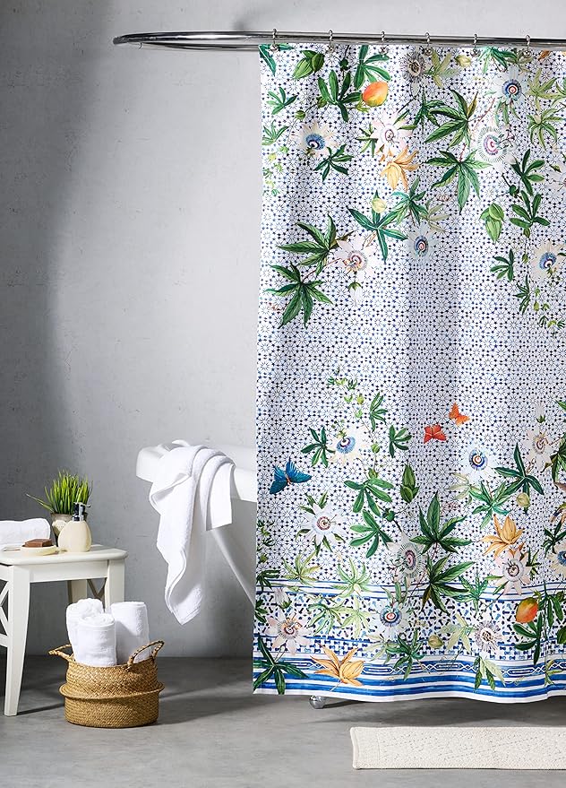 Maison d' Hermine Shower Curtain 100% Cotton One Panel 70"x72" Washable Fabric Shower Curtains for Bathroom, Easy Hanging with 12 Button Holes - Home Hotel Spa Easter Gifts (Passiflora)
