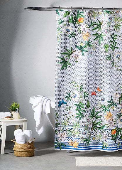 Maison d' Hermine Shower Curtain 100% Cotton One Panel 70"x72" Washable Fabric Shower Curtains for Bathroom, Easy Hanging with 12 Button Holes - Home Hotel Spa Easter Gifts (Passiflora)