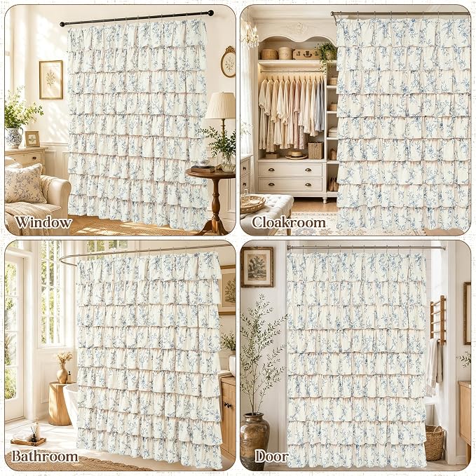 Yinhua Farmhouse Ruffle Shower Curtains with Blue Floral, 72" Wx72 L | French Country Vintage Rustic Washable Waterproof Shower Curtain for Bathroom Bathtub, 12 Metal Hooks