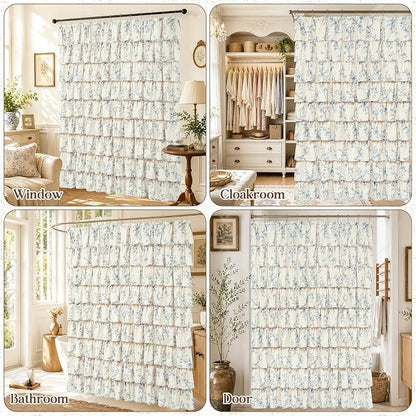 Extra Long Farmhouse Ruffle Shower Curtains with Blue Floral, 72"Wx84"L | French Country Vintage Rustic Washable Waterproof Shower Curtain for Bathroom Bathtub, 12 Metal Hooks