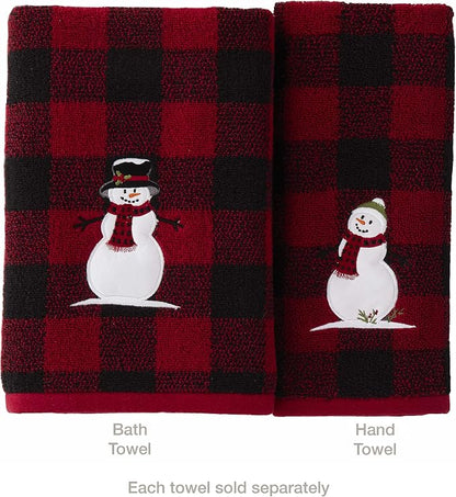 SKL Home Christmas Woodland Winter Snowman Hand Towel Set-2pc, Red | 100% Cotton. 450 GSM. Soft, absorbent jacquard. Plaid buffalo check with embroidery. For the bathroom, kitchen or bar & gift.