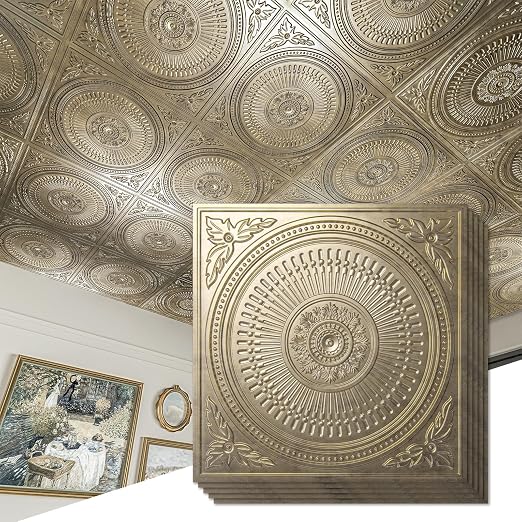 Art3d 12-Pack 2 x 2 ft Drop Ceiling Tiles for Interior Decor, Antique Gold | PVC, Waterproof, Lightweight, Shatterproof, Anti-Fade, Compatible with Grid System, Ideal for Kitchen, Bathroom, Basement