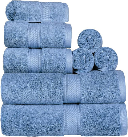 SUPERIOR Egyptian Cotton Ultra Plush & Absorbent, 8 Piece Set, Denim Blue | Quick Dry, Soft Luxury Towel Set, Bath Essentials, Guest Bath, Spa, 2 Bath, 2 Hand, 4 Face Towels, Madeline Towels