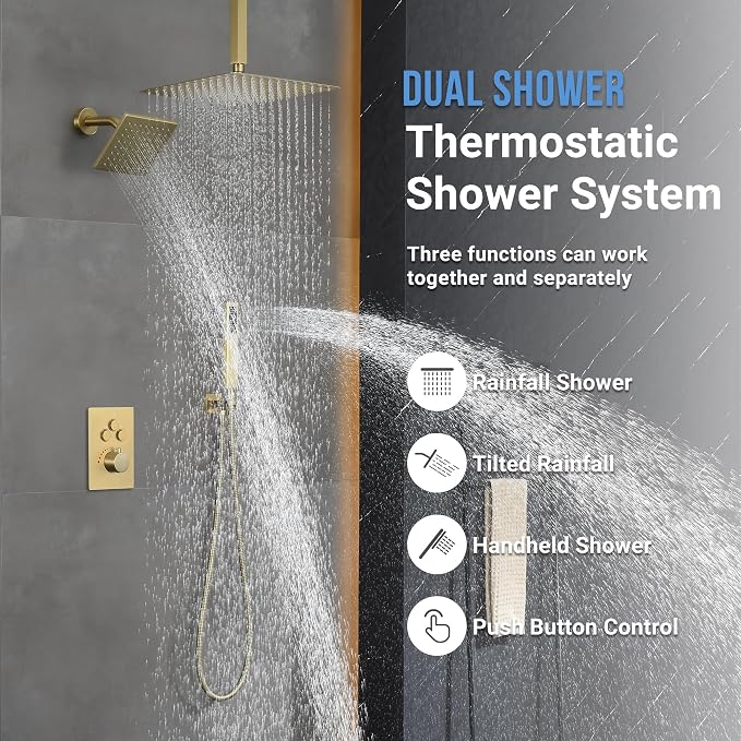 Thermostatic Dual Shower Head System, Brushed Gold Shower Faucet | 12 Inch Ceiling Rainfall Shower, 6 Inch Wall Mount Head, High Pressure Handheld Sprayer, Push Button Valve