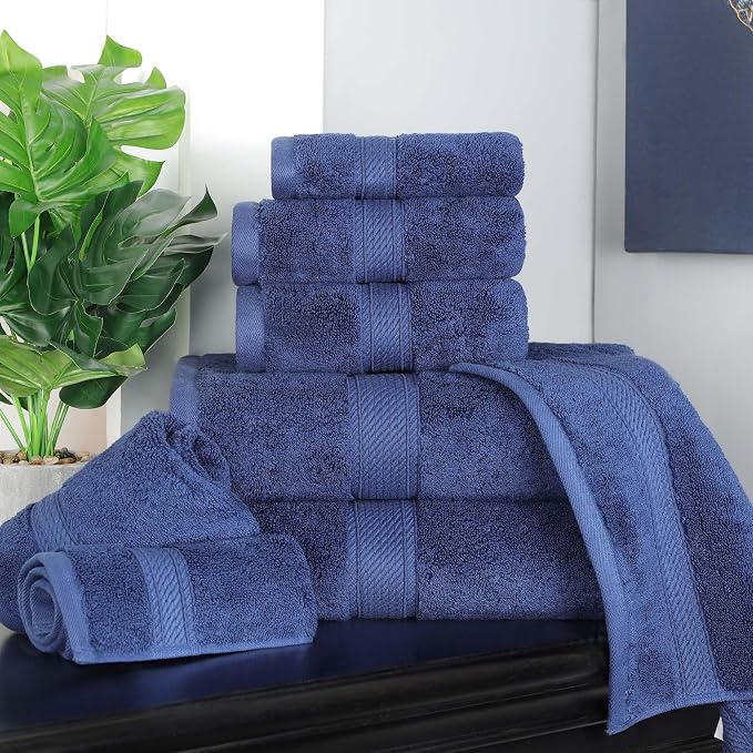 SUPERIOR Egyptian Cotton Ultra Plush & Absorbent, 8 Piece Set, Navy Blue | Quick Dry, Soft Luxury Towel Set, Bath Essentials, Guest Bath, Spa, 2 Bath, 2 Hand, 4 Face Towels, Madeline Towels
