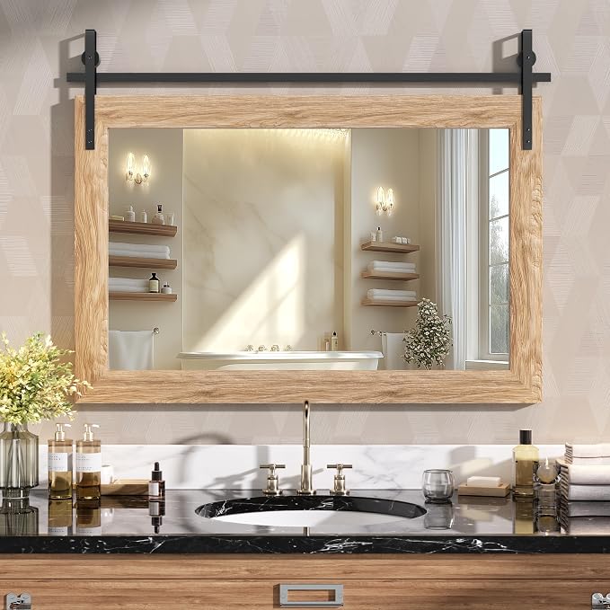Hasipu Farmhouse Bathroom Mirror, 40"x26" Rustic Wood Framed Wall Mounted Mirror, Brown Vintage Vanity Mirror Barn Door Style Decrative Mirrors