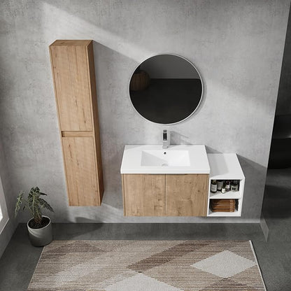 SSLine 42-Inch Single Bathroom Vanity Modern Wall Mounted Bathroom Vanity with Sink 42" Small Floating Bathroom Vanities Set with White Open Storage Shelf & 2 Side Cabinets,Brown White