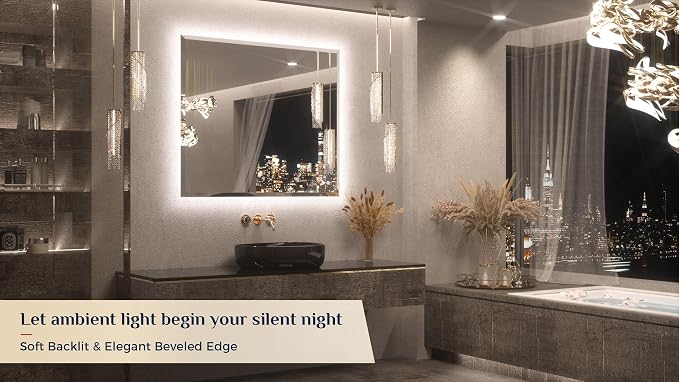 Keonjinn 42" x 36" Backlit Bathroom Mirror with Lights, Safe Tempered Glass | Beveled Edge, 3 Color Lights, Dimmable, Efficient Defogging, French Cleat, Memory Function, Lighted Bathroom Vanity Mirror