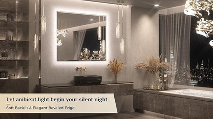 Keonjinn 42" x 36" Backlit Bathroom Mirror with Lights, Safe Tempered Glass | Beveled Edge, 3 Color Lights, Dimmable, Efficient Defogging, French Cleat, Memory Function, Lighted Bathroom Vanity Mirror