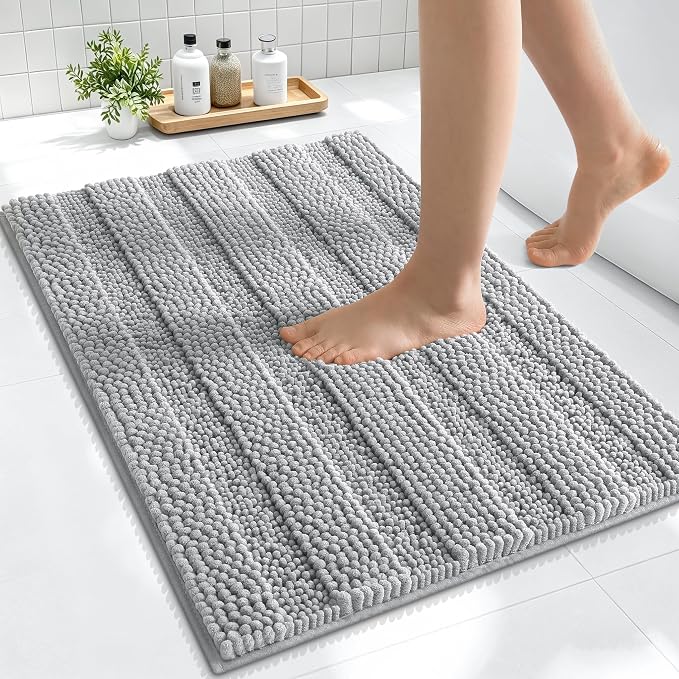Smiry Thick Small Chenille Bathroom Rugs 24x16, Soft Bath Mat, Light Grey | Quick‑Dry & Machine Washable, Non‑Slip Bath Carpet, Striped Bath Rugs for Tub & Shower, Modern Home Decor Accessories