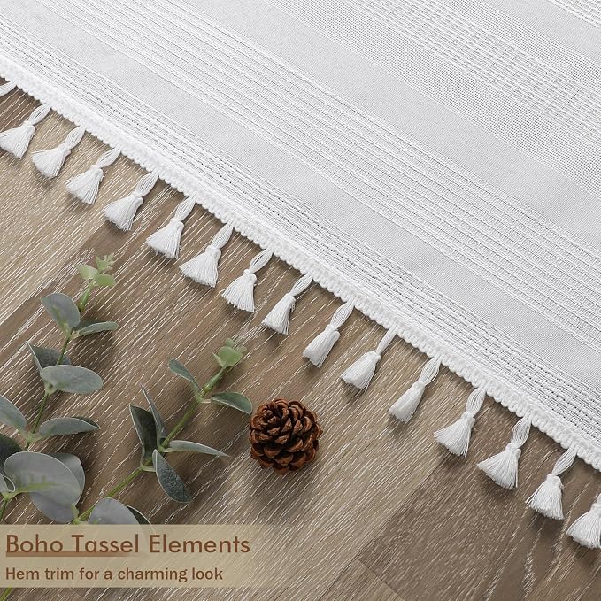 Extra Long White Boho Shower Curtain 84 Inch Long, Modern Farmhouse Heavy Duty Textured Soft Fabric, Rustic Country Cloth Shower Curtain with Tassel for Bathroom Hotel, 72Wx84L, White