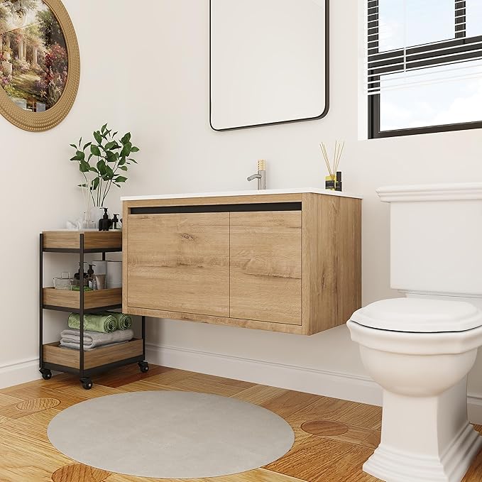 36 Inch Bathroom Vanity with Sink,Wall Mounted Bathroom Vanity Sink Combo w/Soft Close Door&Draw for Large Space,Modern Floating Bathroom Vanity w/Top Basin & Storage Cabinet,Brown